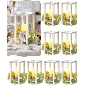 16 Pcs Wooden Candle Lantern Set includes 8 Rustic Wedding Centerpieces for Table Decorative Candle Lanterns and 8 Flameless Decorative LED Candles for Wedding Decoration(Brown)