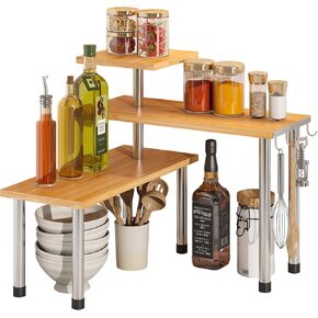 BMOSU Kitchen Corner Shelf Countertop Organizer with Hooks Adjustable Spice Rack Corner Display Rack Shelf Cabinet Counter Shelves(Bamboo)