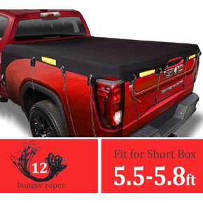 Upgraded Truck Bed Tarp Cover for Short Box（5.8’ Box） Fit for Ford F150 GMC Silverado/Sierra Ram, Waterproof Heavy Duty 600D Oxford Fabric, Pickup Truck Bed Covers with Bungee Webbings-Black