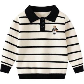 GORGLITTER Boys' Striped Knit Sweater Bear Embroidery Long Sleeve Collar Pullover Sweaters