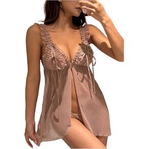 OYOANGLE Women's 2 Piece Lace Sheer Open Front Chemise Night Dress and Thong Lingerie Set Sleepwear