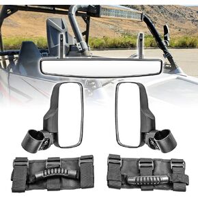 WSays 15" Wide Center View Mirror for 2" roll Bar & UTV Right & Left Side View Mirrors with 1.5"-2" Adjustable Clamp & Grab Handle Set Compatible with Can-Am Polaris UTV Honda Talon Kawasaki Kubota