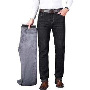 Fleece Lined Jeans for Men Stretch Winter Thermal Pants Business Casual Straight