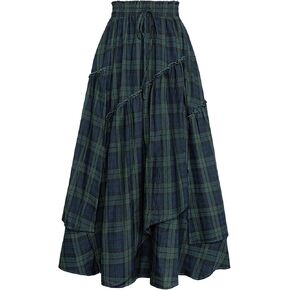 Scarlet Darkness Women Plaid Skirt High Waist A Line Tiered Long Skirt with Pockets