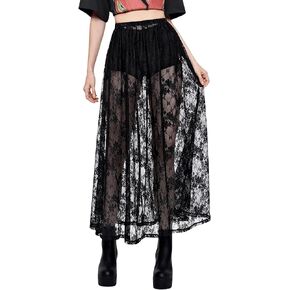 Verdusa Women's See Through Lace Skirts Elastic High Waist Sheer A Line Long Skirt