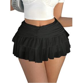 Women's Ruffle Ruched Skirts Tiered Layer Elastic Mini Skirt Y2K Coquette Low Waist Flared Short Skirts