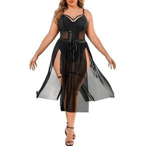 Avidlove Sexy Plus Size Lingerie Set for Women Sexy Bodysuit with High Slit dress and Garter Belt L-5XL