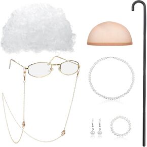 BBTO Old Lady Cosplay Set Grandma Gray Wig for Women Walking Cane Glasses Chain Cords Faux Pearl Bead Necklace