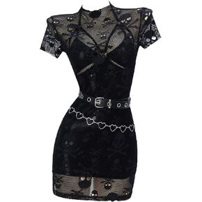 MEOWCOS Women's Cocktail Dress Set Gothic Punk Halter Backless Dress and Lace Mesh Dress with Belt Waist Chain in Saudi Arabia
