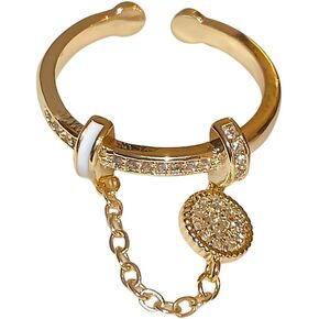 CZ Round Chain Promise Statement Ring for Women Golden Dainty Created Crystal Disc Tassel Dangle Drop Open Wrap Finger Rings Adjustable Comfort Fit Fashion Wedding Birthday Holiday Jewelry Gift
