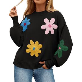 ZESICA Women's Fall Long Puff Sleeve Sweaters 2024 Casual Crewneck Ribbed Knit Flower Color Block Loose Pullover Tops in Saudi Arabia