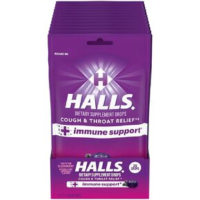 Halls Cough and Throat Relief + Immune Support Elderberry Cough Drops, 12 Bags of 25 Drops (300 Total Drops)