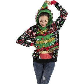 Unisex Women's Ugly Christmas Sweater Funny Santa Reindeer Hoodie Jumper Novelty Knit Pullover (Medium)