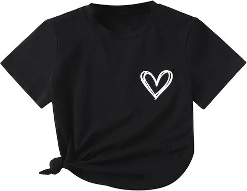 SHENHE Girl's Graphic Letter Print Roll Up Short Sleeve Crewneck T Shirt Tee Tops in Kuwait