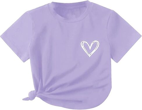SHENHE Girl's Graphic Letter Print Roll Up Short Sleeve Crewneck T Shirt Tee Tops in Kuwait