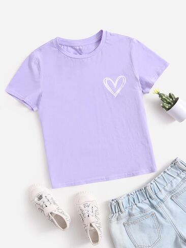 SHENHE Girl's Graphic Letter Print Roll Up Short Sleeve Crewneck T Shirt Tee Tops in Kuwait