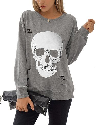 Blooming Jelly Women's Halloween Sweatshirts Skull Graphic T Shirts Long Sleeve Pullover Tops Gothic Fall Clothes 2024 in Saudi Arabia