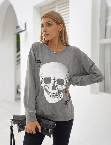 Blooming Jelly Women's Halloween Sweatshirts Skull Graphic T Shirts Long Sleeve Pullover Tops Gothic Fall Clothes 2024 in Saudi Arabia