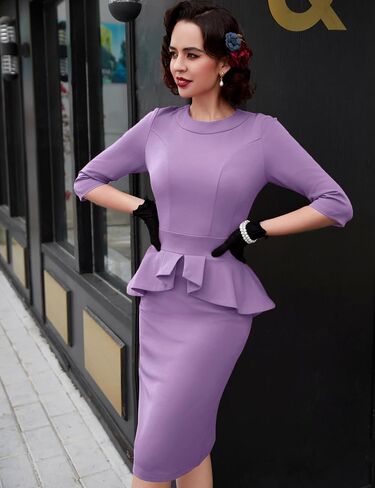 MUXXN Women's 1950s Vintage 3/4 Sleeves Ruffles Bodycon Flattering Casual Formal Pencil Dress in Kuwait