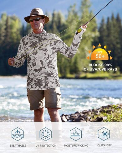 FISHEAL Men's Performance Fishing Hoodie Shirt - UPF 50+ Sun Protection Long Sleeve Thumbholes Shirts with Neck Gaiter in Saudi Arabia