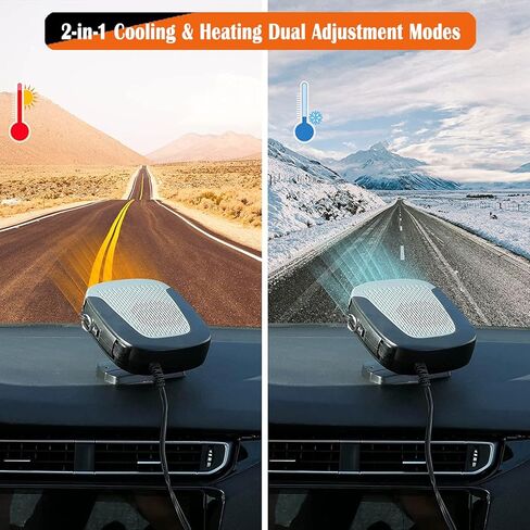 سخان السيارة، قابس سخان السيارة المحمول 12 فولت في ولاعة السجائر، 2 في 1 سريع التسخين ومزيل الصقيع، مزيل ضباب النافذة قابل للدوران 360 درجة (رمادي أسود) in Kuwait