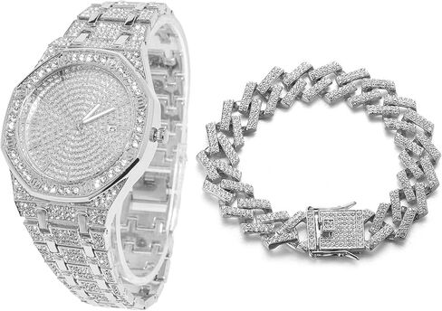 ساعة Halukakah Diamonds الذهبية مثلجة، سوار معصم كوارتز مطلي بالذهب الأبيض والبلاتينيوم عيار 18 قيراط للرجال بمينا مثمن مقاس 8.7 بوصات، مع خيارات مجموعة سوار قلادة الارتباط الكوبي، صندوق هدايا مجاني in Kuwait