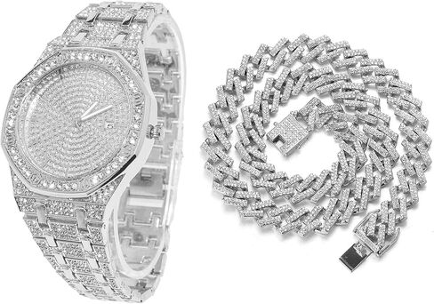 ساعة Halukakah Diamonds الذهبية مثلجة، سوار معصم كوارتز مطلي بالذهب الأبيض والبلاتينيوم عيار 18 قيراط للرجال بمينا مثمن مقاس 8.7 بوصات، مع خيارات مجموعة سوار قلادة الارتباط الكوبي، صندوق هدايا مجاني in Kuwait