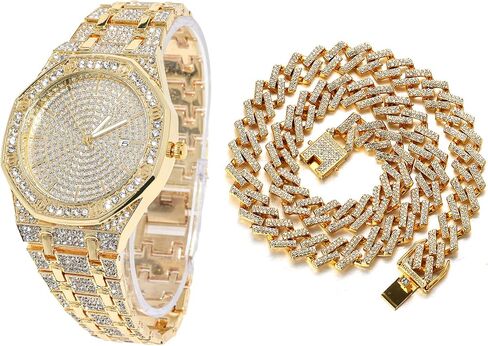 ساعة Halukakah Diamonds الذهبية مثلجة، سوار معصم كوارتز مطلي بالذهب الأبيض والبلاتينيوم عيار 18 قيراط للرجال بمينا مثمن مقاس 8.7 بوصات، مع خيارات مجموعة سوار قلادة الارتباط الكوبي، صندوق هدايا مجاني in Kuwait