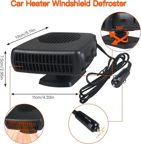 Car Heater, 12V 150W Portable Car Heater 2 in 1 Fast Heating and Cooling Portable Windshield Defogger and Defroster Plug in Cigarette Lighter 360 °Rotatable Handheld Windshield Defroster (Black) in Saudi Arabia
