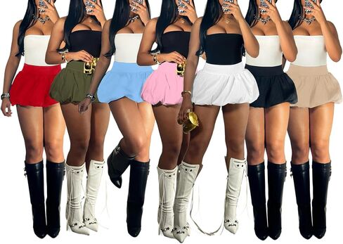 LETSVDO Women's Bubble Mini Skirt Y2k Pleated Ruffle Elastic Waist A Line Flare Balloon Cute Summer Short Skirts in Saudi Arabia