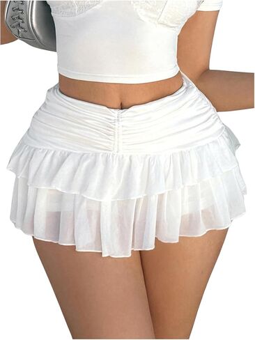 Women's Ruffle Ruched Skirts Tiered Layer Elastic Mini Skirt Y2K Coquette Low Waist Flared Short Skirts in Saudi Arabia
