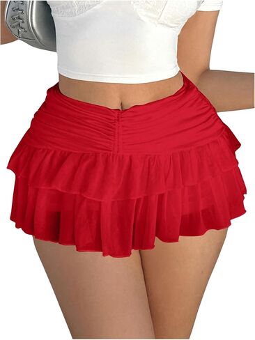 Women's Ruffle Ruched Skirts Tiered Layer Elastic Mini Skirt Y2K Coquette Low Waist Flared Short Skirts in Saudi Arabia
