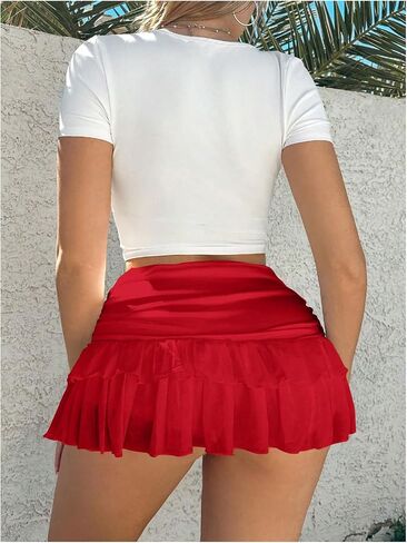 Women's Ruffle Ruched Skirts Tiered Layer Elastic Mini Skirt Y2K Coquette Low Waist Flared Short Skirts in Saudi Arabia