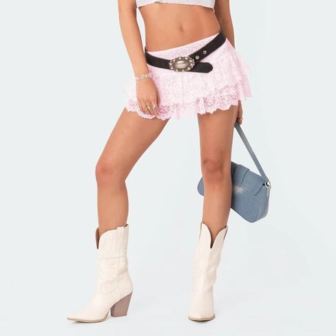 Womens Y2K Lace Mini Skirt Sexy Pleated Ruffle Lace Trim Layered Flowy Short Skirts Underskirt Aesthetic Streetwear in Saudi Arabia