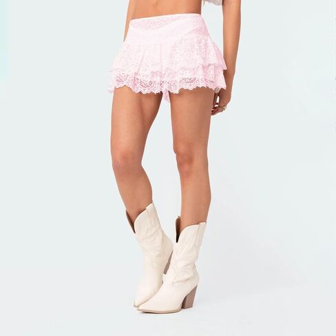 Womens Y2K Lace Mini Skirt Sexy Pleated Ruffle Lace Trim Layered Flowy Short Skirts Underskirt Aesthetic Streetwear in Saudi Arabia