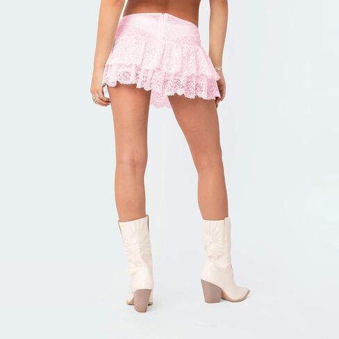 Womens Y2K Lace Mini Skirt Sexy Pleated Ruffle Lace Trim Layered Flowy Short Skirts Underskirt Aesthetic Streetwear in Saudi Arabia