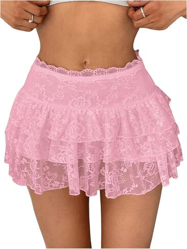 Women's Y2K Lace Ruffle Skirt Going Out Party Rave Club Date Night Mini Skirts in Saudi Arabia