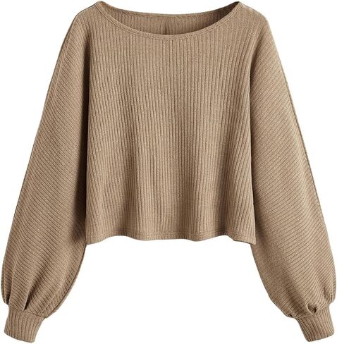 SweatyRocks Girl's Long Sleeve Ribbed T Shirt Round Neck Loose Pullover Tops in Kuwait