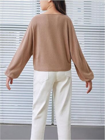 SweatyRocks Girl's Long Sleeve Ribbed T Shirt Round Neck Loose Pullover Tops in Kuwait