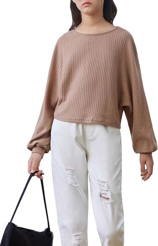 SweatyRocks Girl's Long Sleeve Ribbed T Shirt Round Neck Loose Pullover Tops in Kuwait