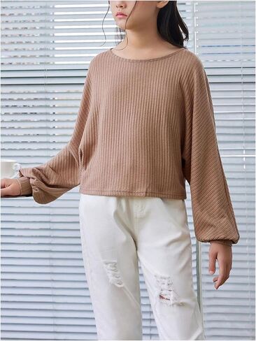SweatyRocks Girl's Long Sleeve Ribbed T Shirt Round Neck Loose Pullover Tops in Kuwait