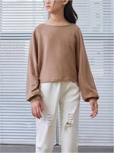 SweatyRocks Girl's Long Sleeve Ribbed T Shirt Round Neck Loose Pullover Tops in Kuwait