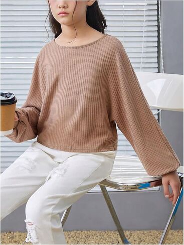 SweatyRocks Girl's Long Sleeve Ribbed T Shirt Round Neck Loose Pullover Tops in Kuwait