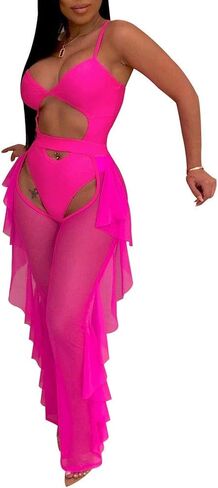 OLUOLIN Women Beading Pearl See Through Sheer Mesh 2 Pieces Outfits Jumpsuits Crop Top and Hollow Out Ruffle Long Pants in Kuwait