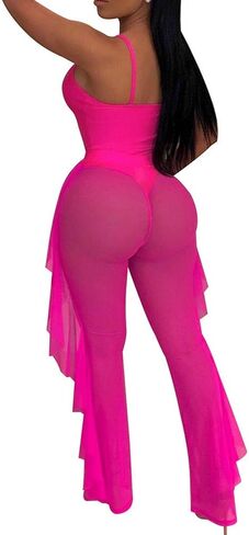 OLUOLIN Women Beading Pearl See Through Sheer Mesh 2 Pieces Outfits Jumpsuits Crop Top and Hollow Out Ruffle Long Pants in Kuwait
