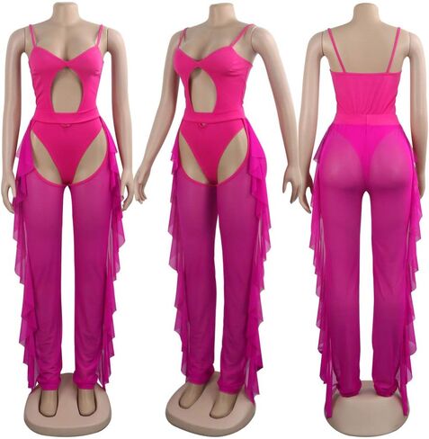OLUOLIN Women Beading Pearl See Through Sheer Mesh 2 Pieces Outfits Jumpsuits Crop Top and Hollow Out Ruffle Long Pants in Kuwait