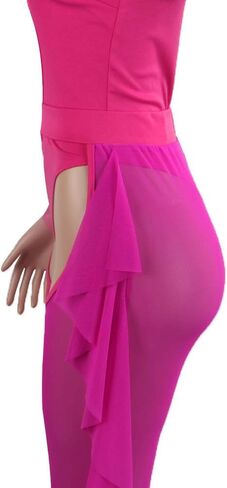 OLUOLIN Women Beading Pearl See Through Sheer Mesh 2 Pieces Outfits Jumpsuits Crop Top and Hollow Out Ruffle Long Pants in Kuwait