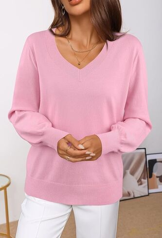 MEROKEETY Women's 2024 Fall Long Sleeve V Neck Tops Casual Lightweight Knit Pullover Sweater Shirts in Kuwait