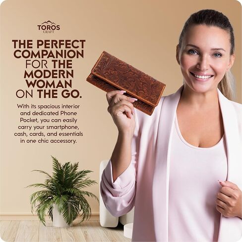 محافظ Toros Craft الغربية المصنوعة يدويًا للنساء، جلد أصلي مزخرف وحامل بطاقات ائتمان طويل، حافظة هاتف خلوي رفيعة من جلد البقر، سعة كبيرة، حقيبة يد لطيفة ومحفظة وحقيبة يد in Kuwait