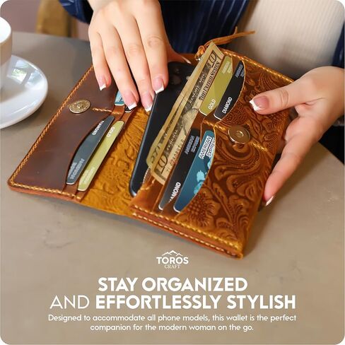 محافظ Toros Craft الغربية المصنوعة يدويًا للنساء، جلد أصلي مزخرف وحامل بطاقات ائتمان طويل، حافظة هاتف خلوي رفيعة من جلد البقر، سعة كبيرة، حقيبة يد لطيفة ومحفظة وحقيبة يد in Kuwait